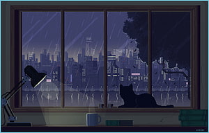 Pixel Art Night Cityscape View From Window With Cat And Desk Lamp HD wallpaper