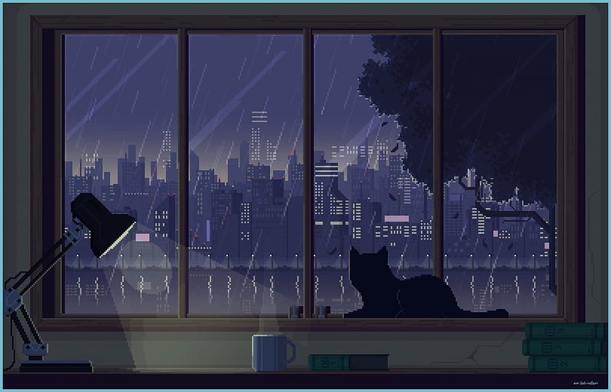 Pixel Art Night Cityscape View From Window With Cat And Desk Lamp HD wallpaper