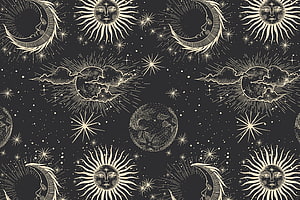 Celestial Sun and Moon Pattern with Stars and Clouds on Dark Background HD wallpaper