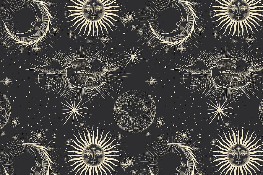 Celestial Sun and Moon Pattern with Stars and Clouds on Dark Background HD wallpaper