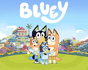 Bluey Heeler Family Group Hug in the Backyard with House and Hills HD wallpaper