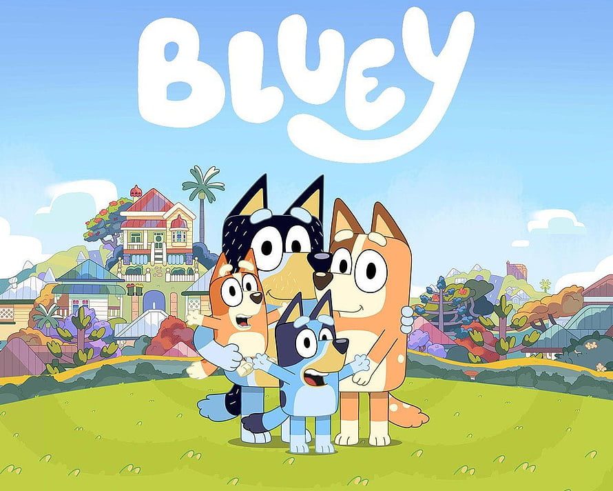 Bluey Heeler Family Group Hug in the Backyard with House and Hills HD wallpaper