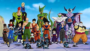 Dragon Ball Z Full Cast Group Portrait with Goku, Vegeta, Frieza, Cell, and Androids HD wallpaper