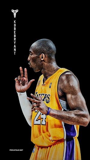 Kobe Bryant in Lakers Gold Jersey Making Three Finger Gesture on Black Background HD phone wallpaper