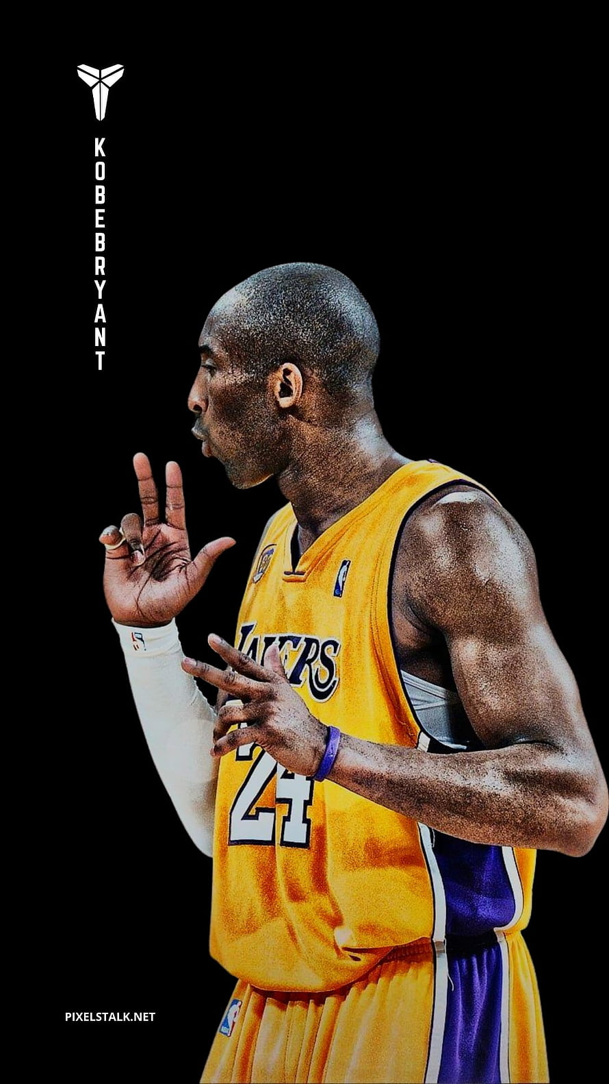 Kobe Bryant in Lakers Gold Jersey Making Three Finger Gesture on Black Background HD phone wallpaper