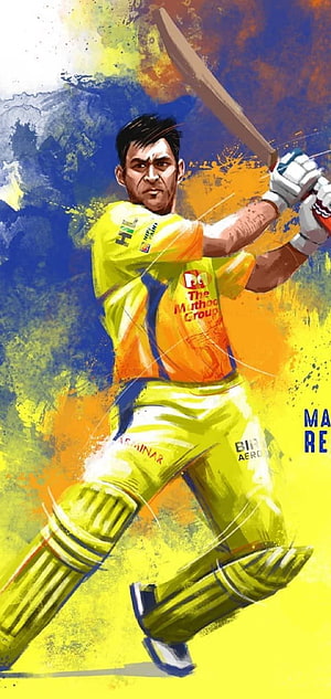 MS Dhoni in Chennai Super Kings yellow kit mid-swing, vibrant digital illustration HD phone wallpaper