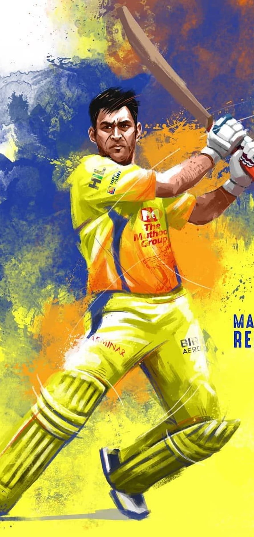 MS Dhoni in Chennai Super Kings yellow kit mid-swing, vibrant digital illustration HD phone wallpaper