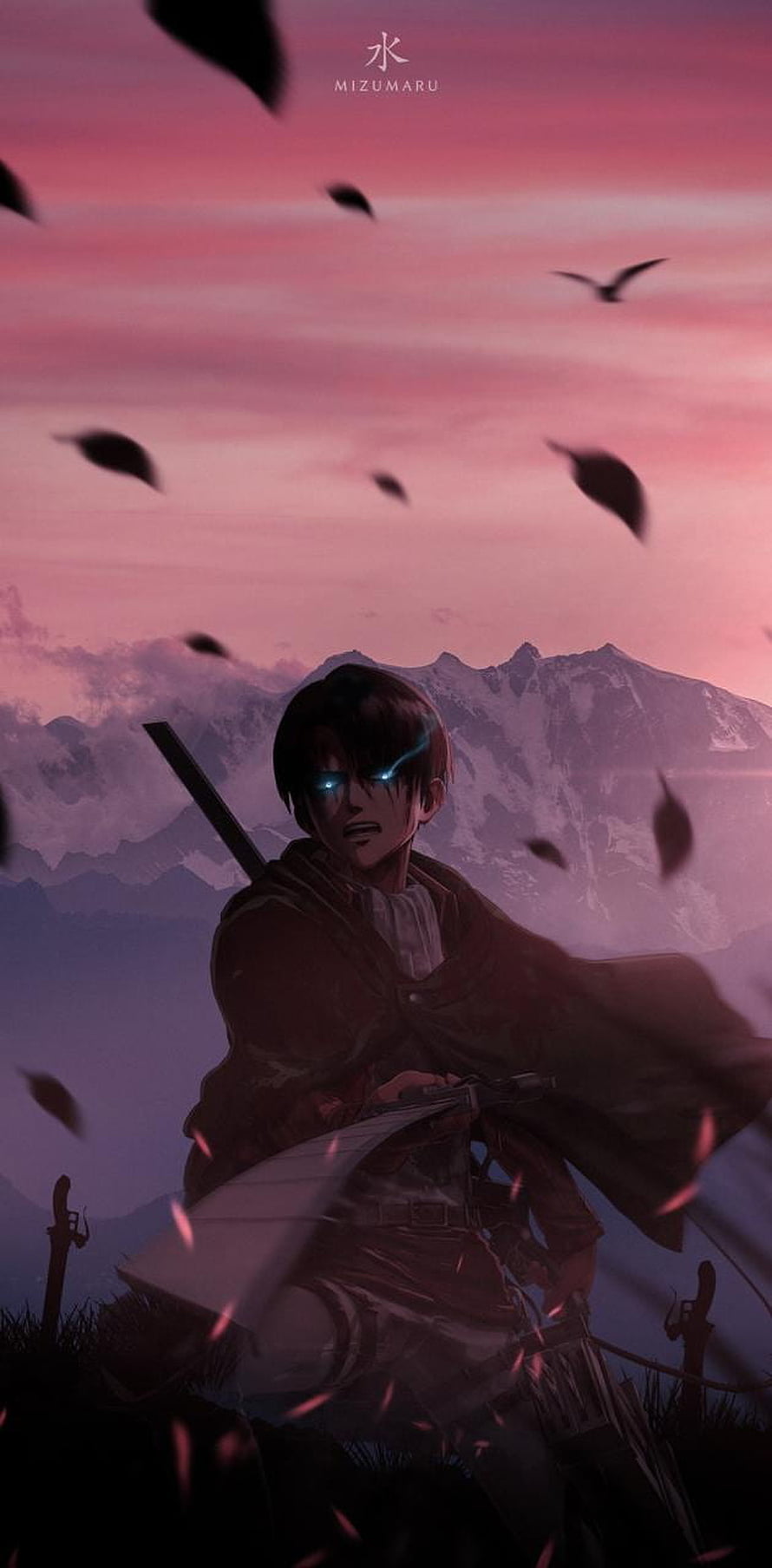 Levi Ackerman anime character with glowing eyes and sword against a dramatic pink sunset sky HD phone wallpaper