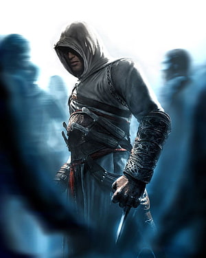 Altair Ibn La Ahad in White Hooded Robes Holding a Blade in Misty Blue Light HD phone wallpaper