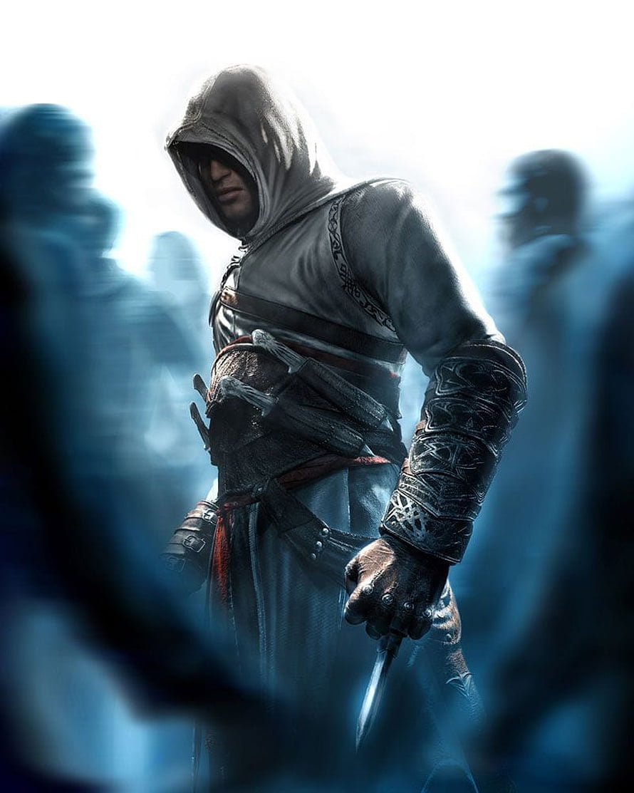 Altair Ibn La Ahad in White Hooded Robes Holding a Blade in Misty Blue Light HD phone wallpaper