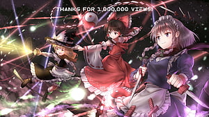 Touhou Project Anime Characters in Dynamic Battle Scene with Magical Effects HD wallpaper