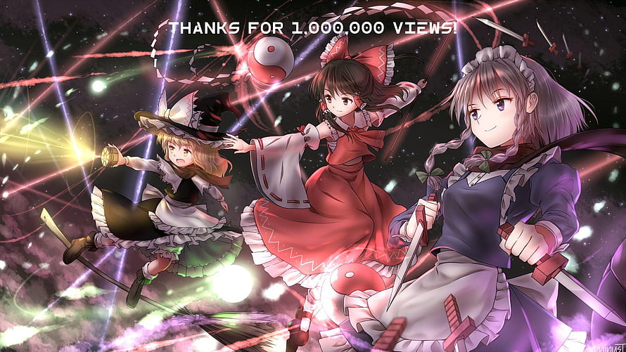 Touhou Project Anime Characters in Dynamic Battle Scene with Magical Effects HD wallpaper