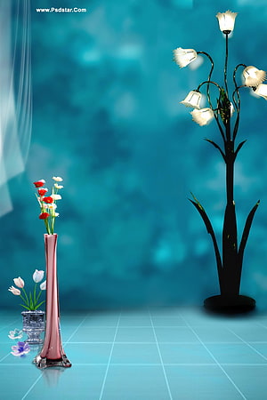 Elegant Teal Studio Backdrop with Floral Vases and Decorative Lamp HD phone wallpaper