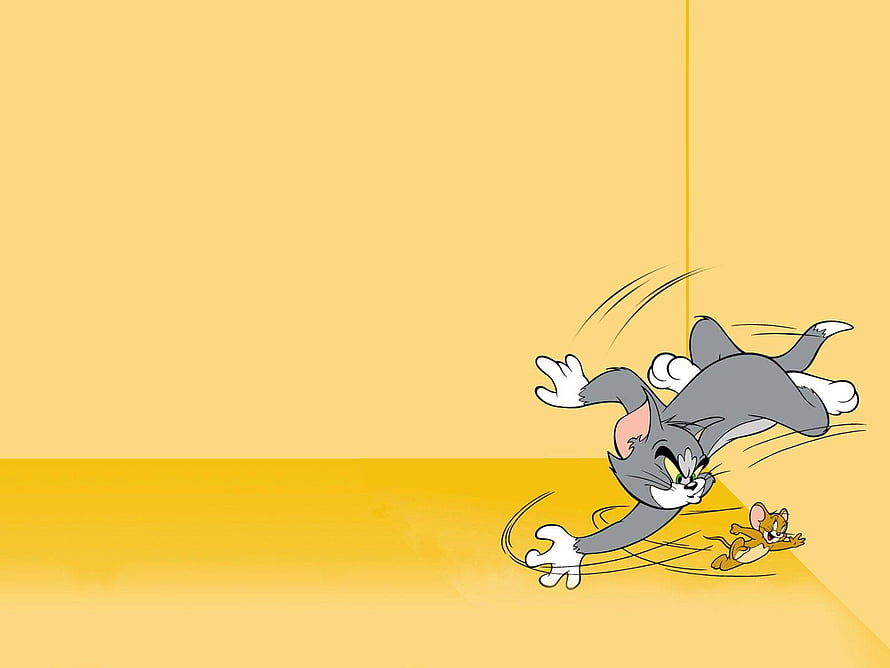 Tom and Jerry Classic Cartoon Chase Scene on Yellow Background HD wallpaper