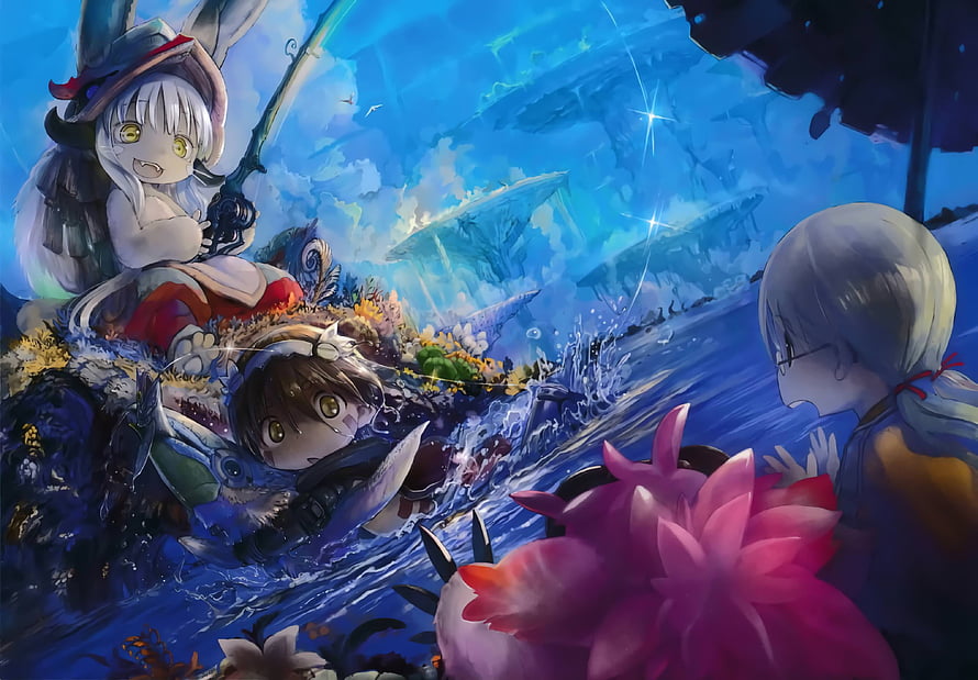 Made in Abyss manga cover art featuring characters in a vibrant ocean scene with a ship and flowers HD wallpaper