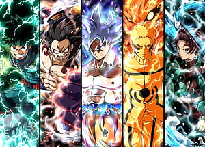 Anime Powerhouse Lineup Featuring Goku, Naruto, Luffy, Deku, and Tanjiro in Dynamic Action Poses HD wallpaper