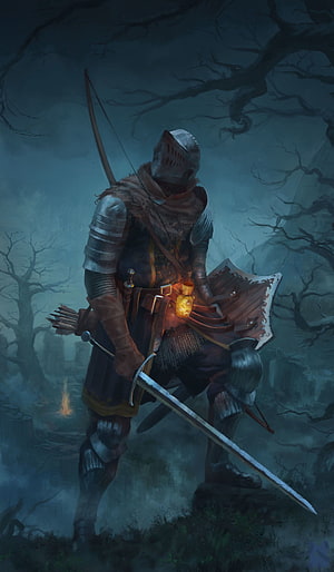 Dark Souls Knight in Full Plate Armor with Sword and Shield in Misty Forest HD phone wallpaper