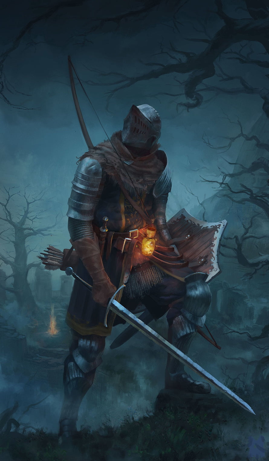 Dark Souls Knight in Full Plate Armor with Sword and Shield in Misty Forest HD phone wallpaper