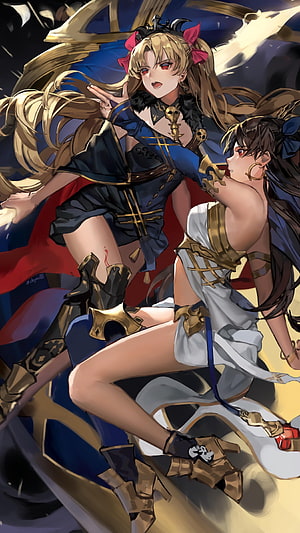 Ereshkigal and Ishtar in Dynamic Fantasy Battle Pose from Fate Grand Order HD phone wallpaper