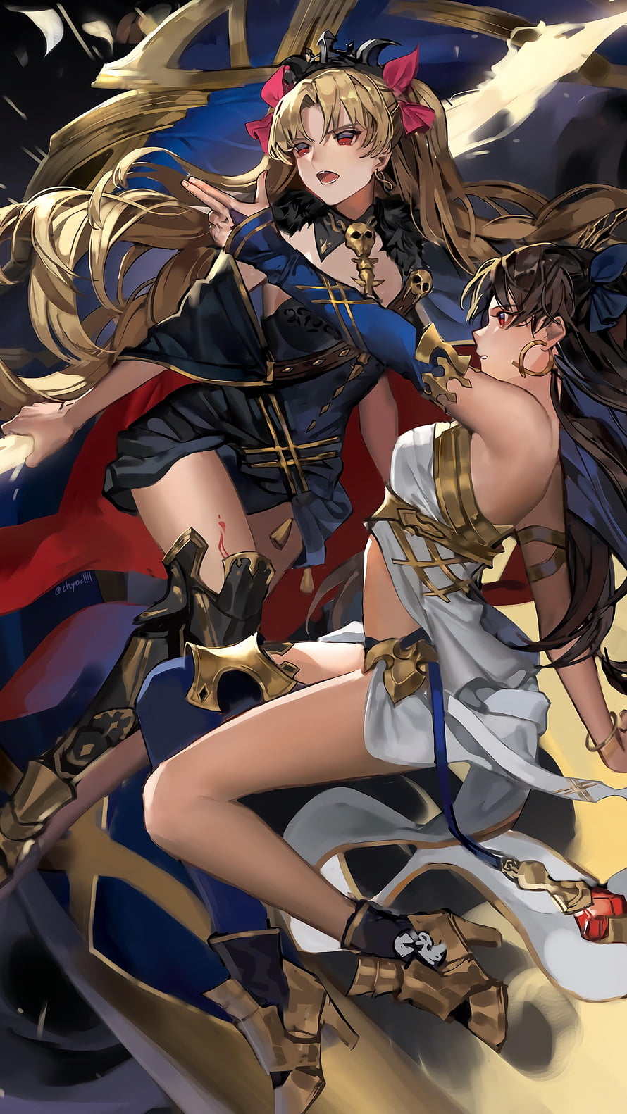 Ereshkigal and Ishtar in Dynamic Fantasy Battle Pose from Fate Grand Order HD phone wallpaper
