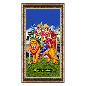 Chamunda Mataji Religious Wall Art Painting with Ornate Frame and Lion HD phone wallpaper