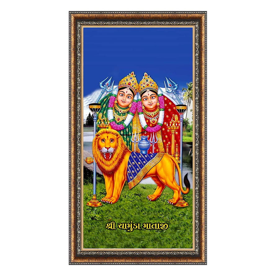 Chamunda Mataji Religious Wall Art Painting with Ornate Frame and Lion HD phone wallpaper