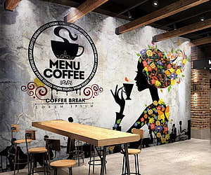 Floral Woman Silhouette Coffee Shop Wall Mural with Menu Logo and Industrial Interior Design HD wallpaper