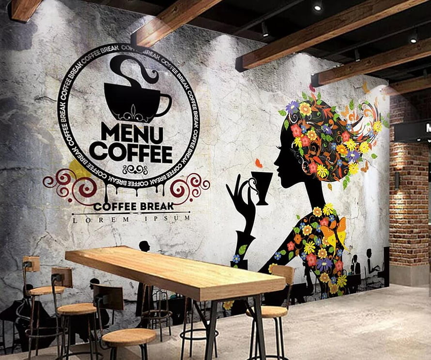 Floral Woman Silhouette Coffee Shop Wall Mural with Menu Logo and Industrial Interior Design HD wallpaper