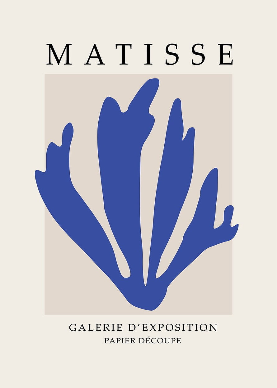 Henri Matisse Blue Cutout Art Print with Minimalist Typography and Beige Background HD phone wallpaper