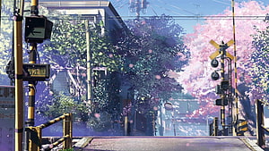 Anime Tokyo Railway Crossing With Cherry Blossoms And Japanese Street Signs HD wallpaper