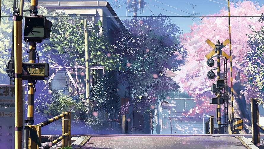 Anime Tokyo Railway Crossing With Cherry Blossoms And Japanese Street Signs HD wallpaper