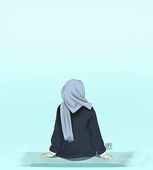 Minimalist digital illustration of a girl in a hijab sitting alone against a soft pastel background HD phone wallpaper