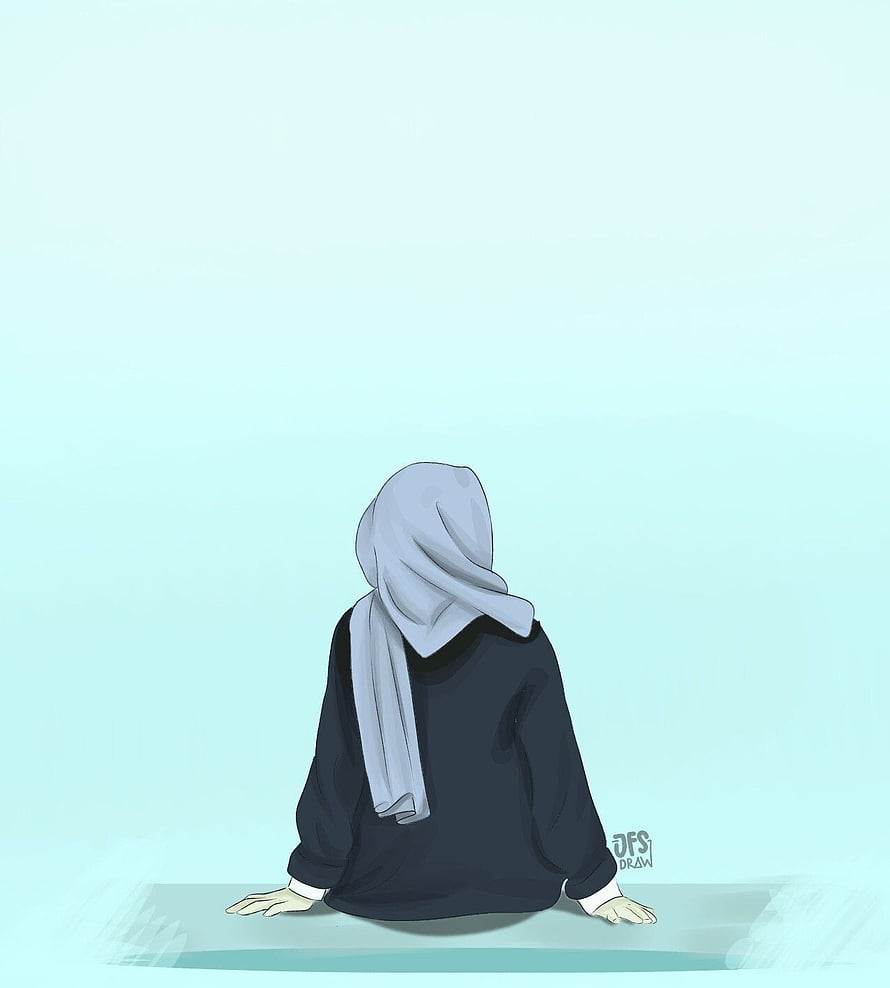 Minimalist digital illustration of a girl in a hijab sitting alone against a soft pastel background HD phone wallpaper