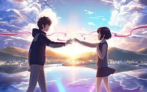 Your Name Anime Taki and Mitsuha Reaching Out Under a Dreamy Sunset Sky HD wallpaper