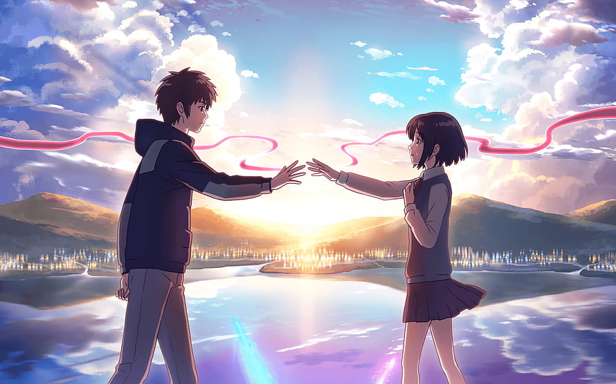 Your Name Anime Taki and Mitsuha Reaching Out Under a Dreamy Sunset Sky HD wallpaper