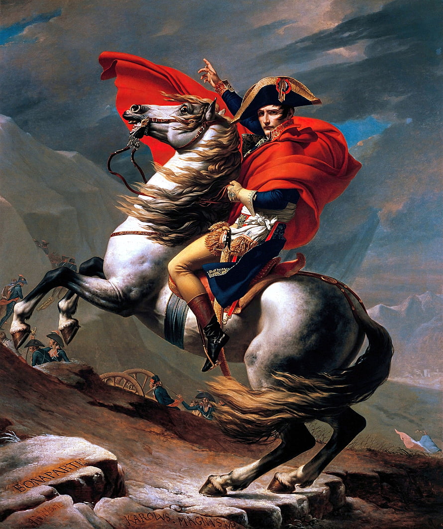 Napoleon Crossing the Alps by Jacques Louis David, Classic Oil Painting of the Emperor on Horseback HD phone wallpaper
