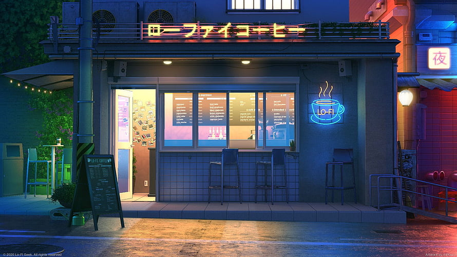Lofi Coffee Shop at Night with Neon Sign and Rainy Street in Anime Style HD wallpaper