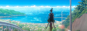Suzume no Tojimari anime scene of a girl on a bicycle overlooking a coastal town HD wallpaper