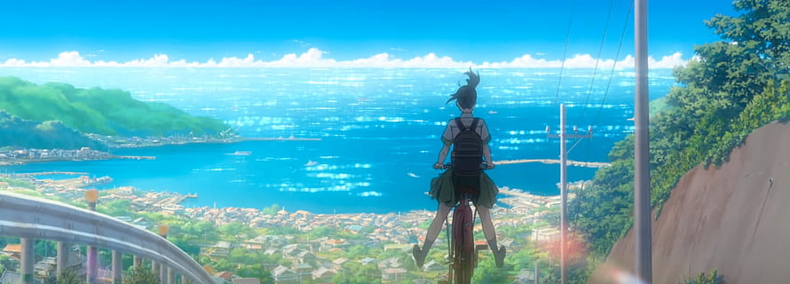 Suzume no Tojimari anime scene of a girl on a bicycle overlooking a coastal town HD wallpaper
