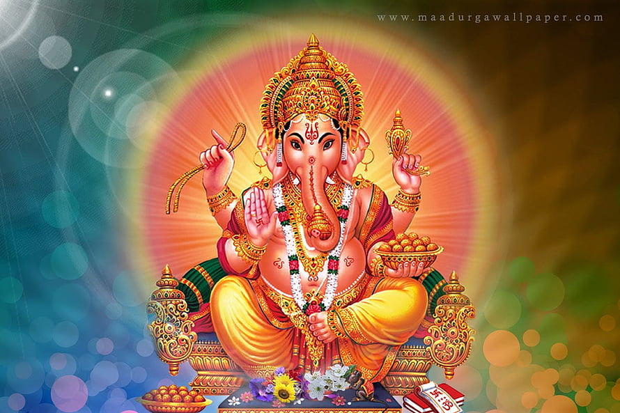 Lord Ganesha Seated on Ornate Throne with Radiant Halo and Traditional Offerings HD wallpaper