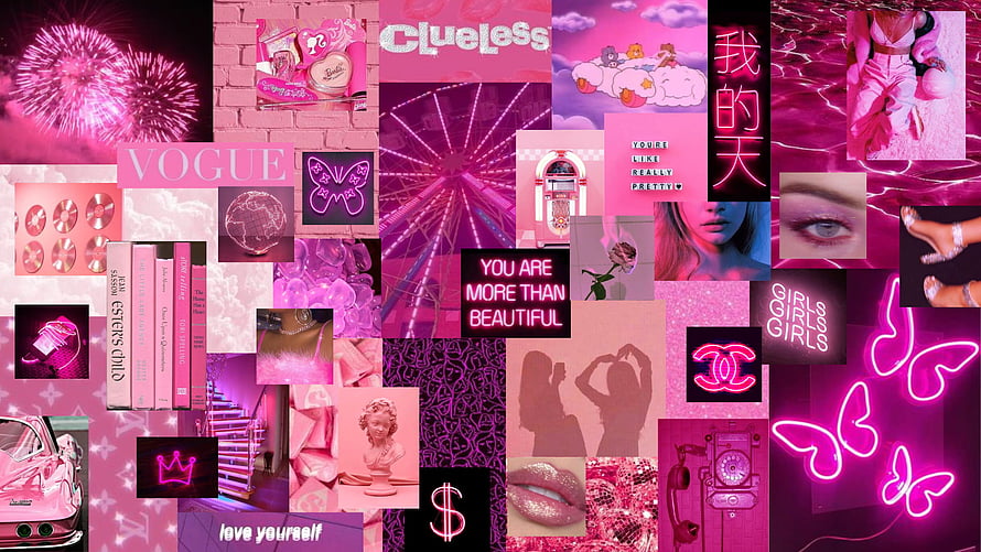 Pink Aesthetic Collage with Neon Butterflies, Vogue, and Y2K Pop Culture Elements HD wallpaper