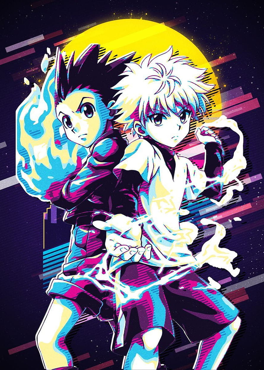 Hunter x Hunter Anime Poster Featuring Gon and Killua in Retro Neon Style HD phone wallpaper