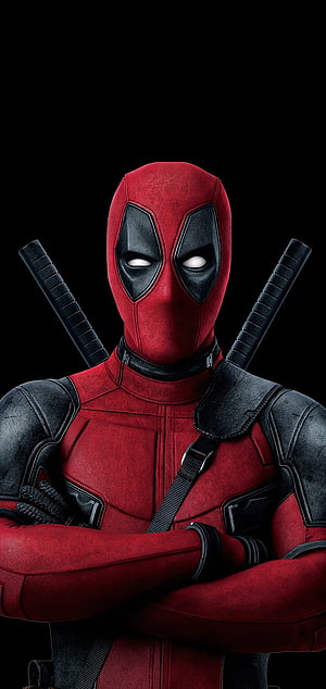 Deadpool in red and black suit with crossed arms and dual katanas on black background HD phone wallpaper