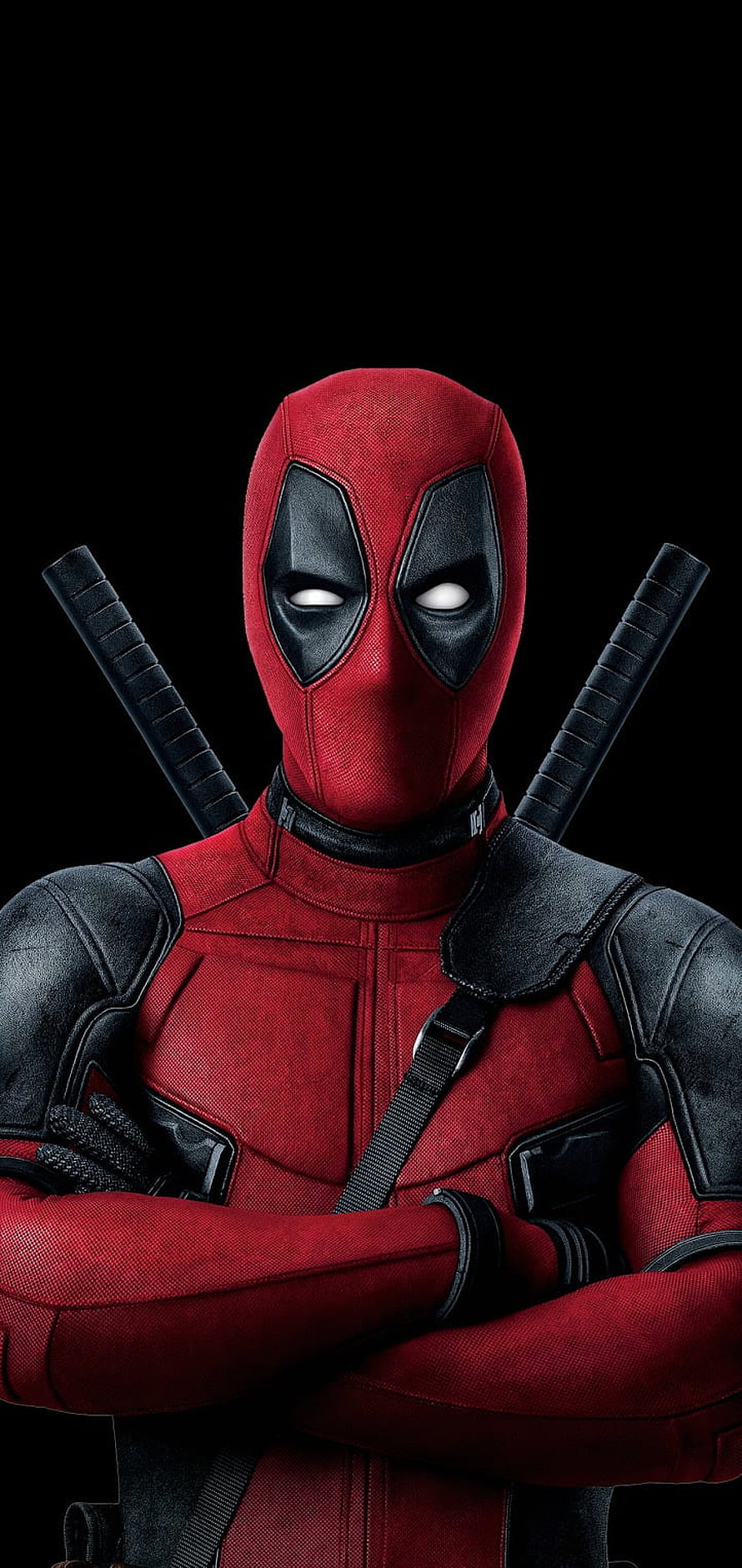Deadpool in red and black suit with crossed arms and dual katanas on black background HD phone wallpaper