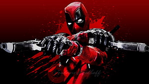 Deadpool Dual Wield Action Artwork with Red and Black Splatter Background HD wallpaper