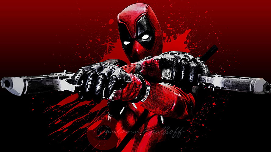 Deadpool Dual Wield Action Artwork with Red and Black Splatter Background HD wallpaper