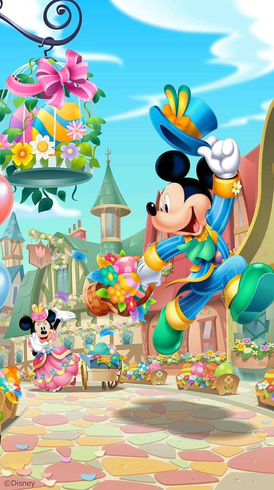 Mickey and Minnie Mouse in a Colorful Easter Village Scene with Decorated Eggs and Flowers HD phone wallpaper