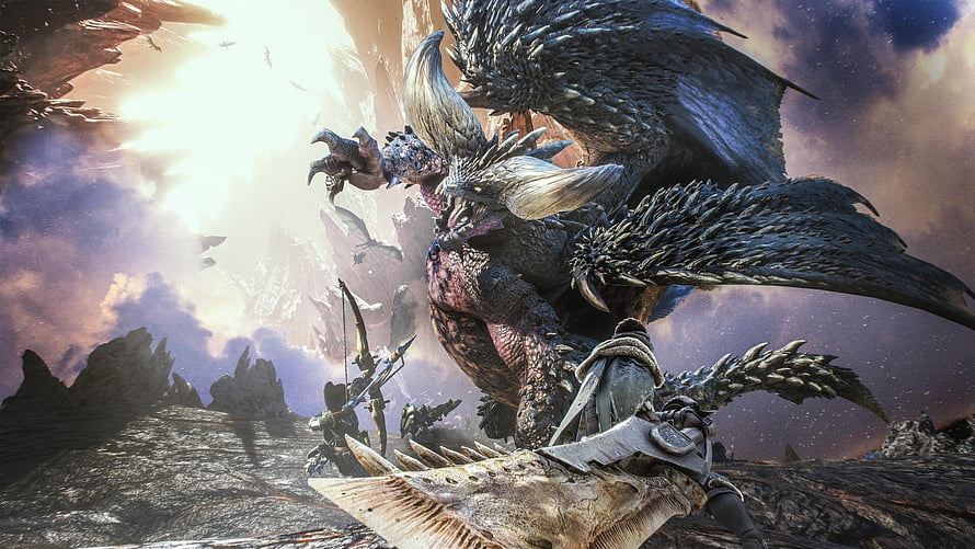 Monster Hunter World Epic Dragon Battle Scene With Hunter And Massive Winged Beast HD wallpaper