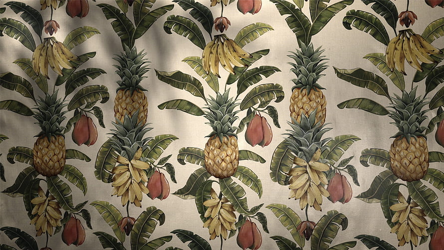 Vintage Tropical Fruit Pattern with Pineapples Bananas and Peaches on Linen Fabric HD wallpaper