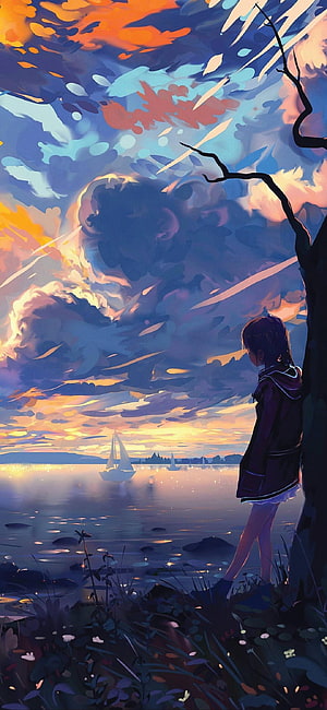 Anime Girl Gazing at Sunset Over Lake with Sailboats and Dramatic Clouds HD phone wallpaper